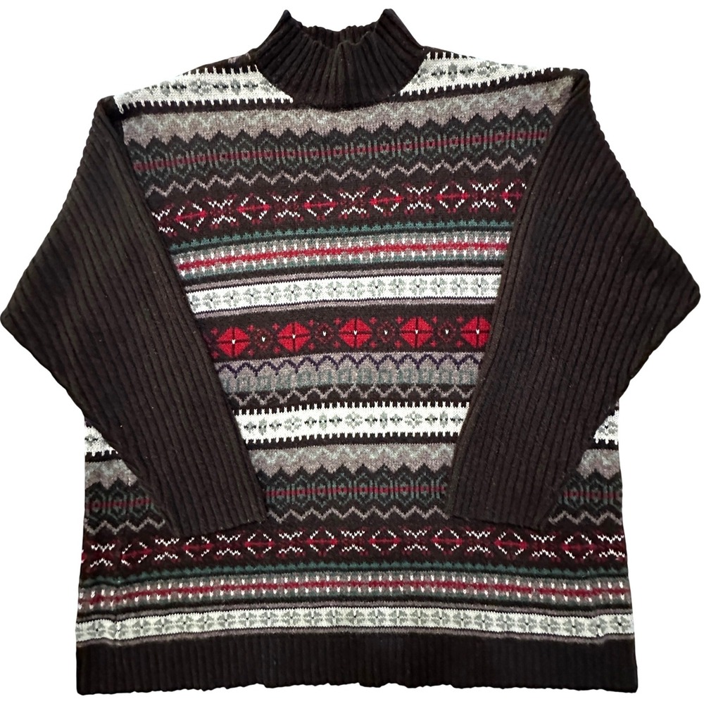 Vintage 90s Lane Bryant Fair Isle Sweater 26/28 4X Brown Wool Blend Mock Neck